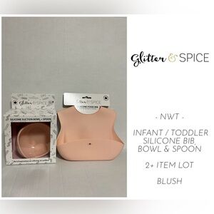 🆕GLITTER & SPICE - NWT - 2+PCS - BLUSH SILICONE BIB BOWL AND SPOON MEALTIME LOT